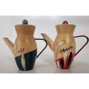 Vintage Foreign Wood Pitcher Green & Red Salt & Pepper Shakers